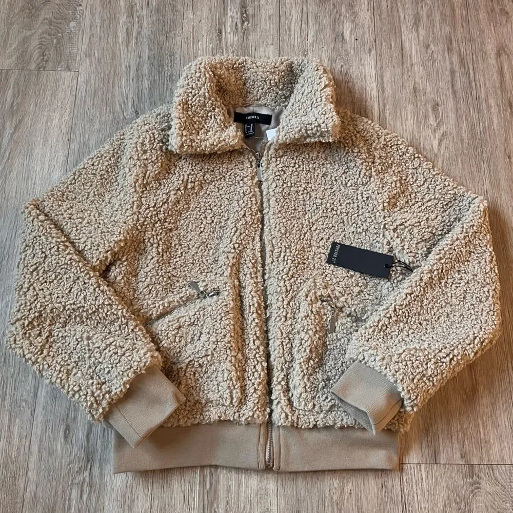 Forever 21 Women's Bomber Jacket Faux Shearling Zip-Up Coat Beige Tan Medium